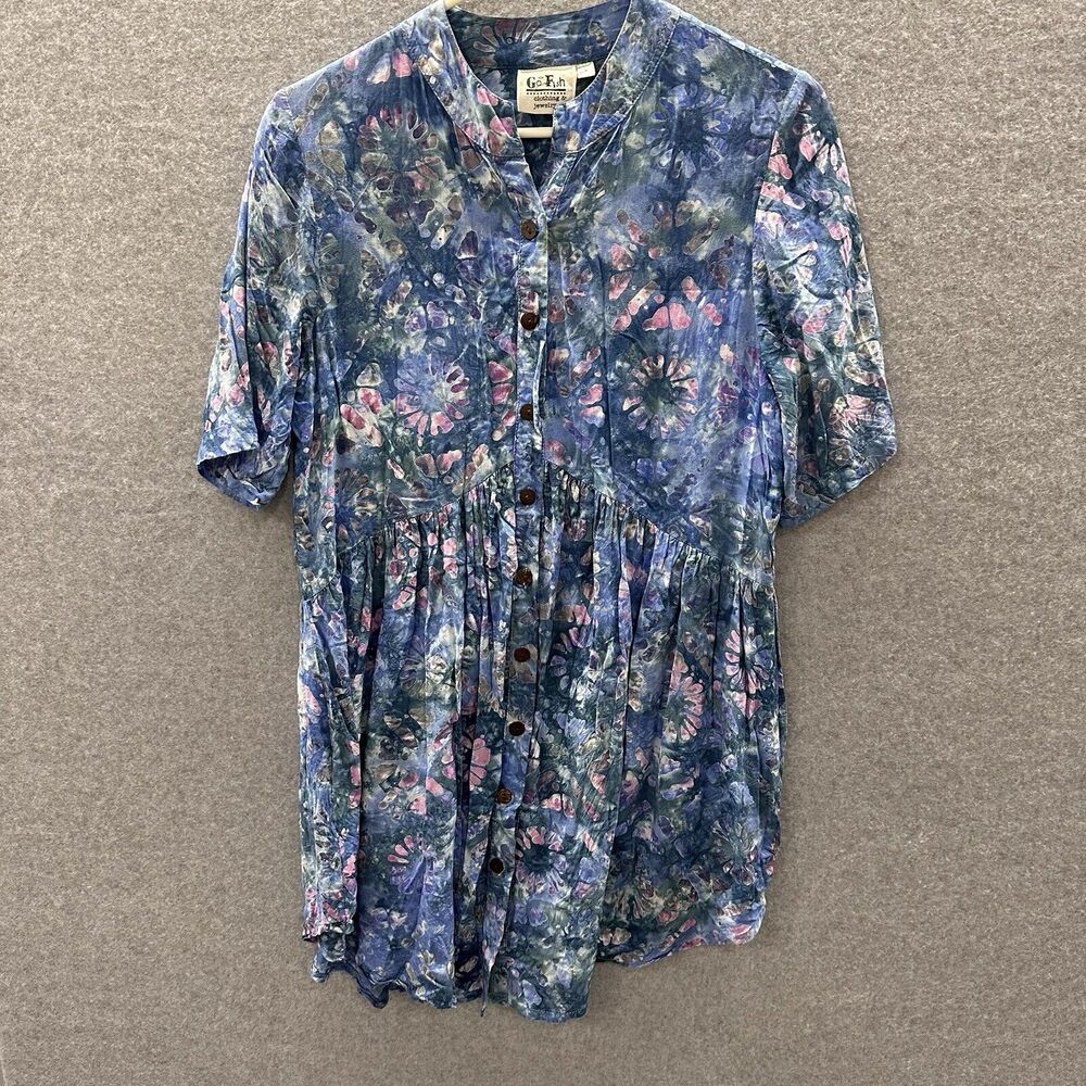 Go Fish Top Womens Small Batik Hand Dyed Artisan Watercolor Front Button S